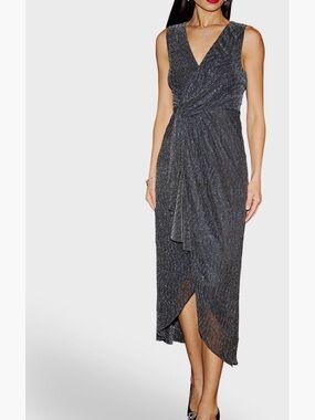 Sleeveless Gunmetal Shimmer Wrap Midi Dress